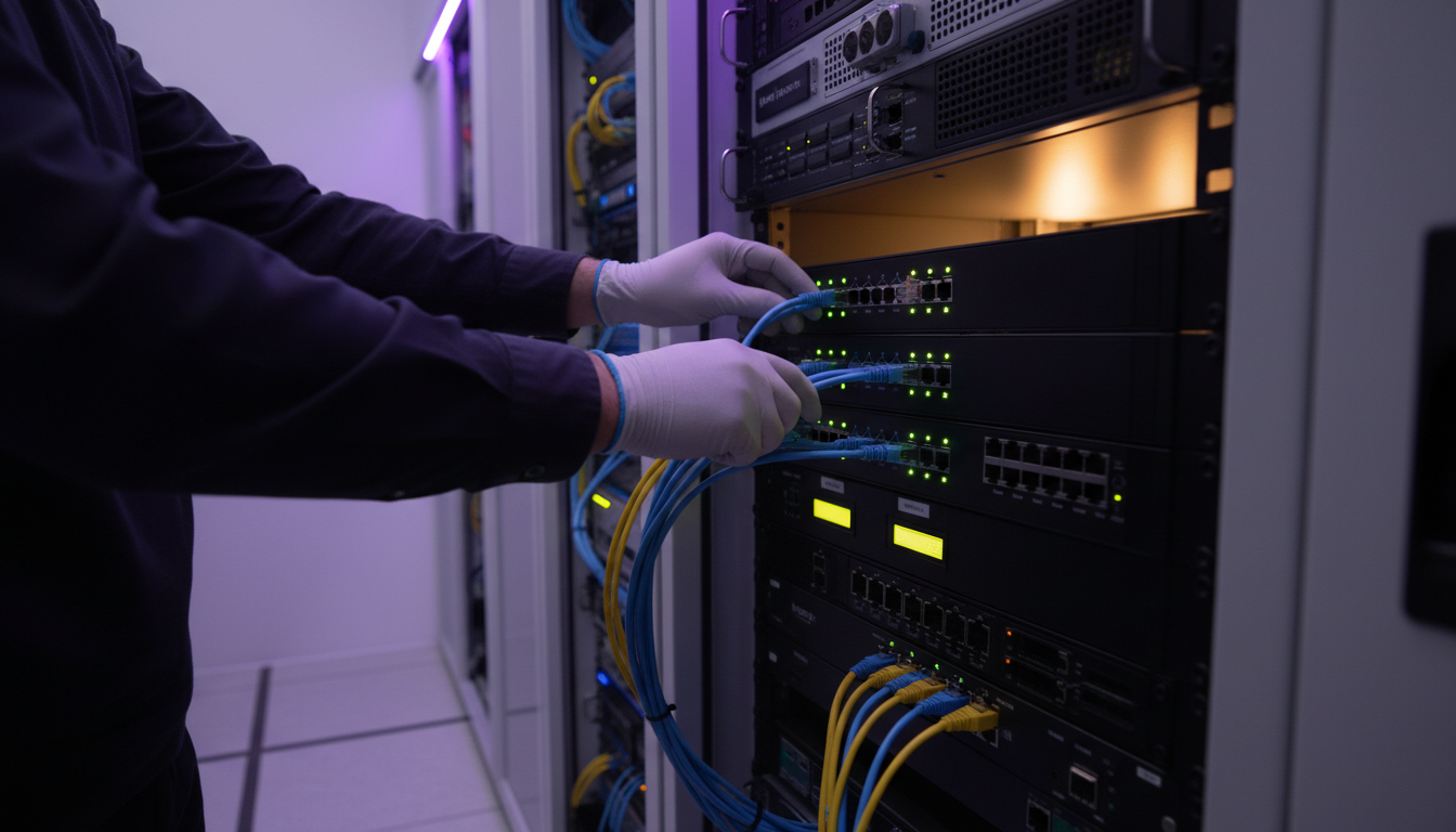 IT technician configuring VoIP network equipment
