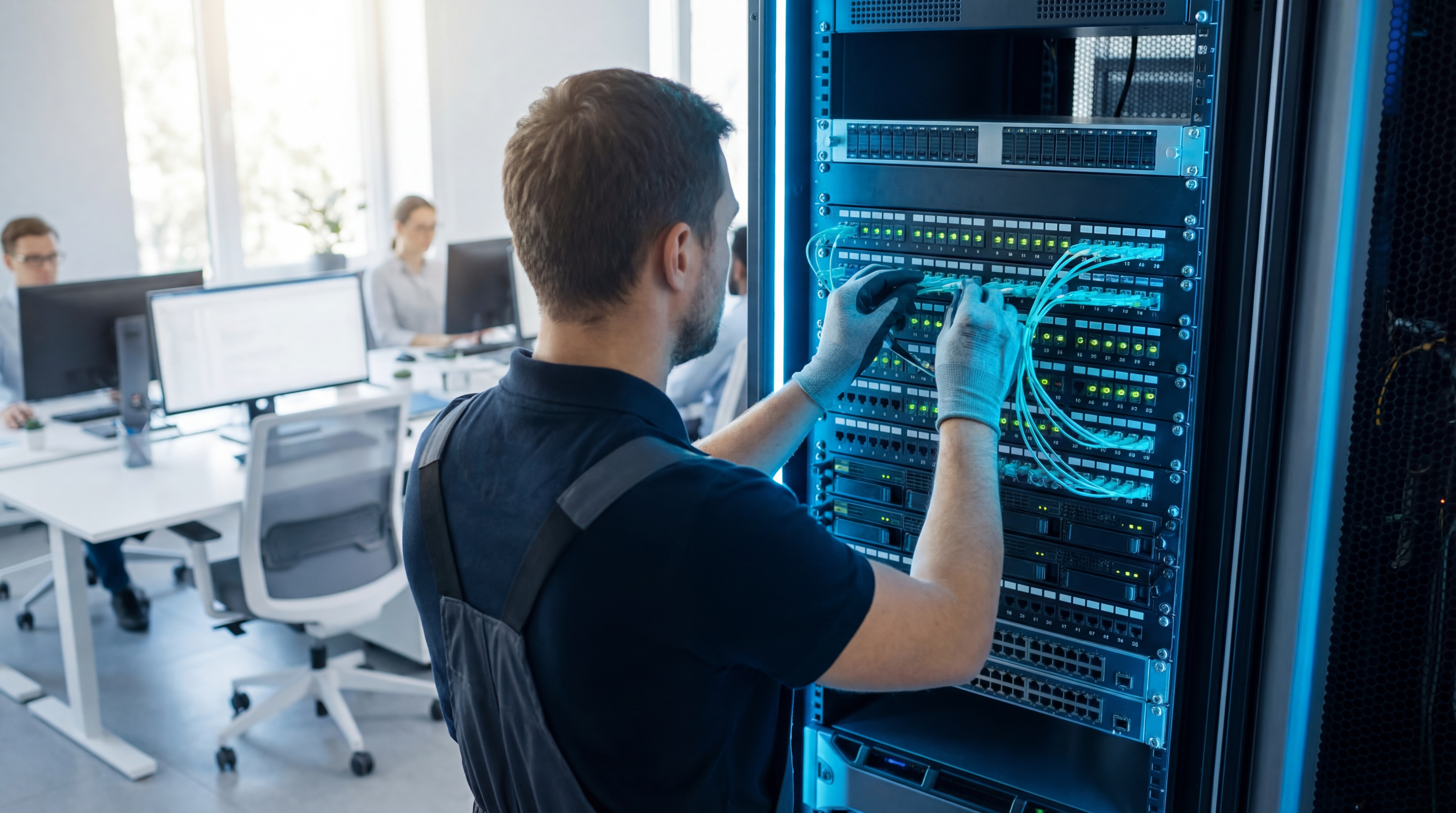 IT engineer installing fibre optic network equipment