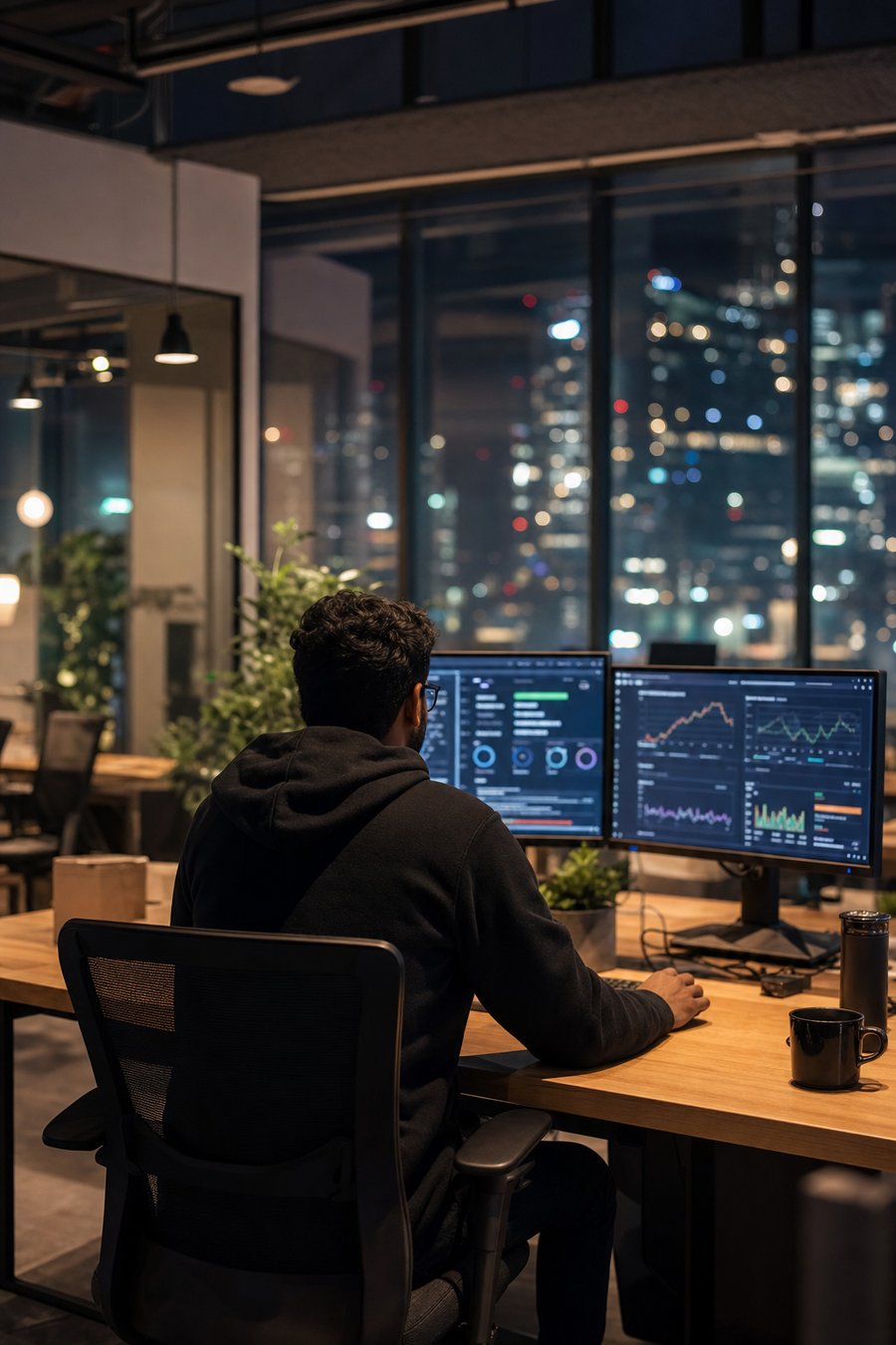 Engineer providing 24/7 out-of-hours IT support monitoring systems at night