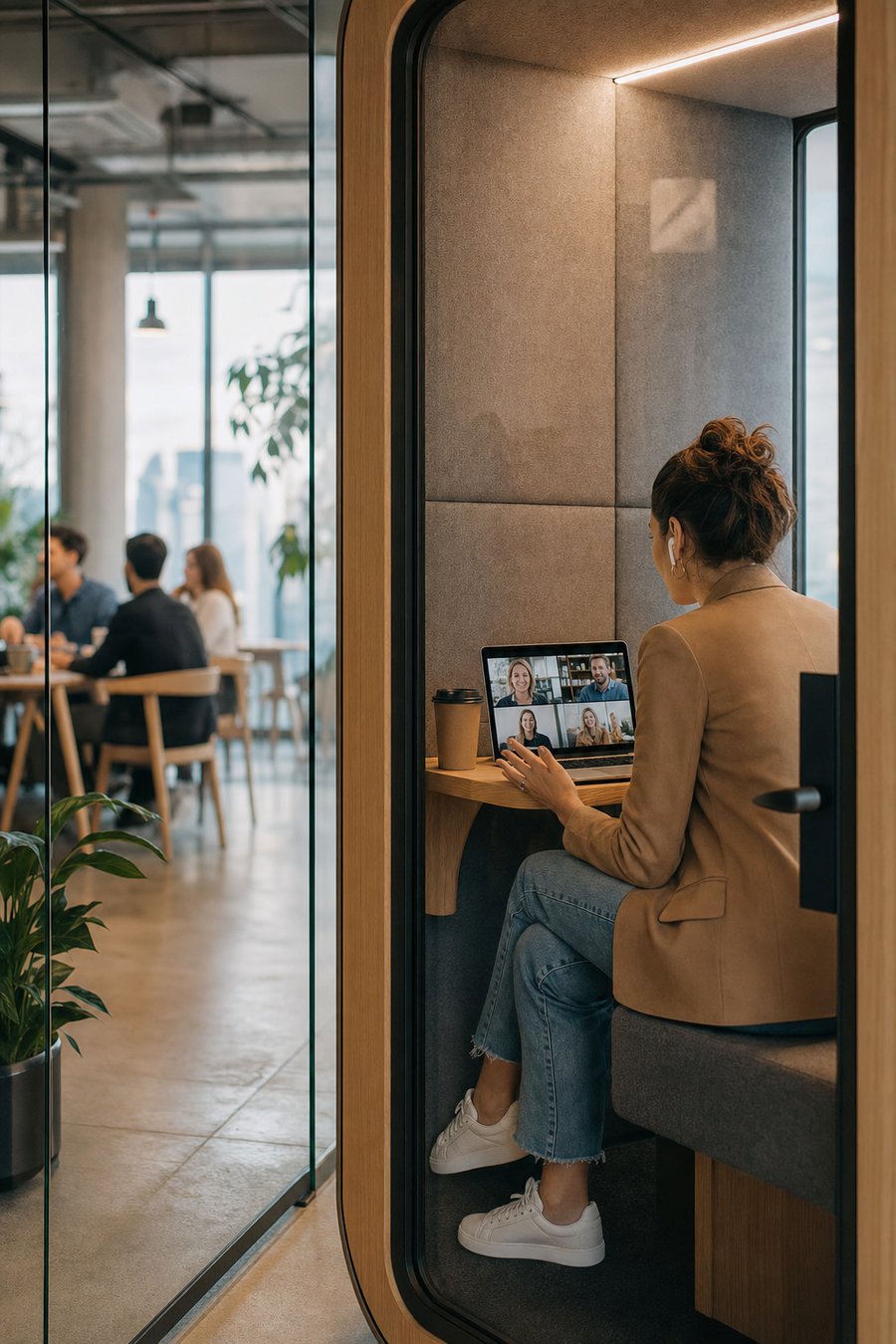 Microsoft 365 support — professional on a Teams call in a coworking phone booth