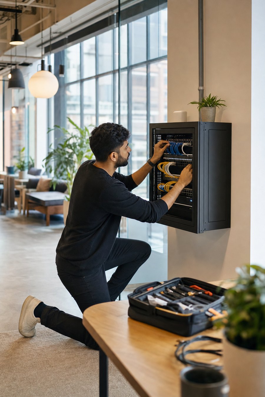 Managed IT support engineer maintaining a network rack in a modern office