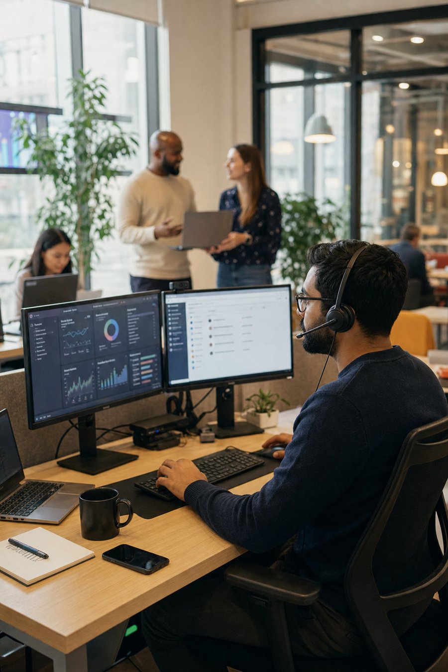 Outsourced IT helpdesk engineer with headset supporting clients from a shared office