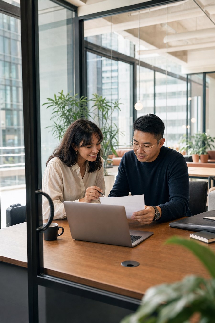 Transparent IT support pricing and SLA review meeting in a glass office booth