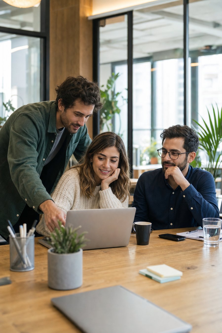 IT support engineer helping a small business team in a modern coworking office